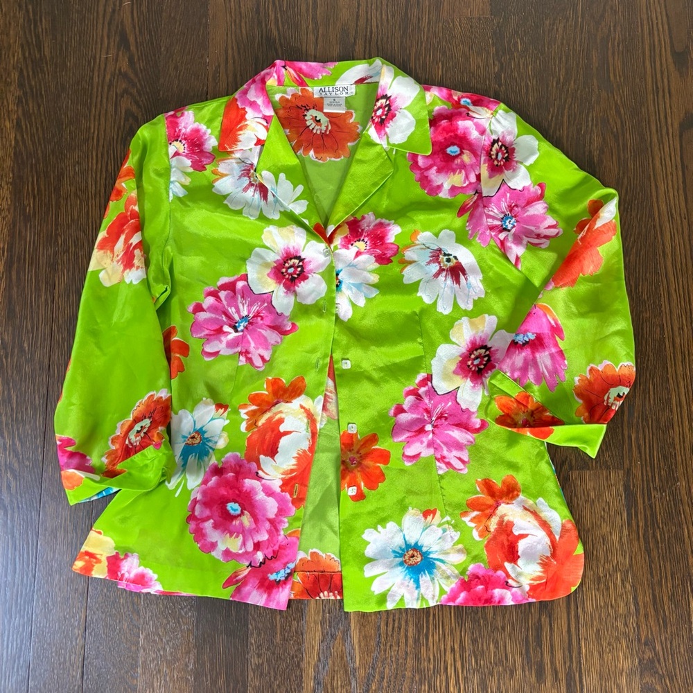 Womens Allison Taylor Silk Hawaiian Shirt Size Small Green Pink